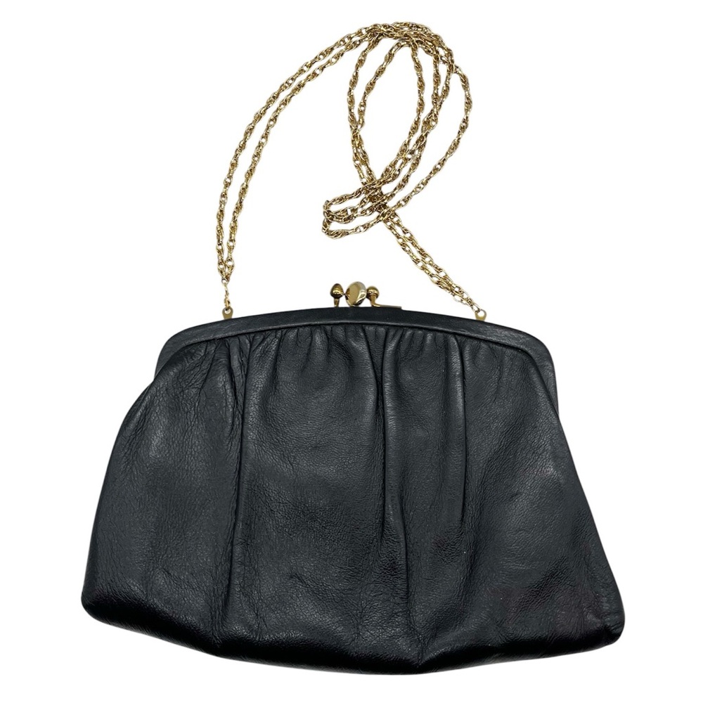 Vintage '60's Ande Black Leather Clutch Handbag Purse Gold Chain